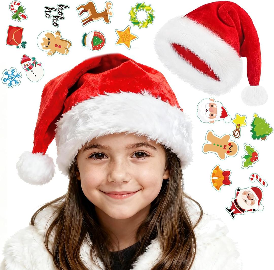 HAOSJINY Santa Hat, Christmas Hat With 20 Diy Holiday Stickers, Santa Hats For Xmas New Year Christmas PartyClassic Red Kids