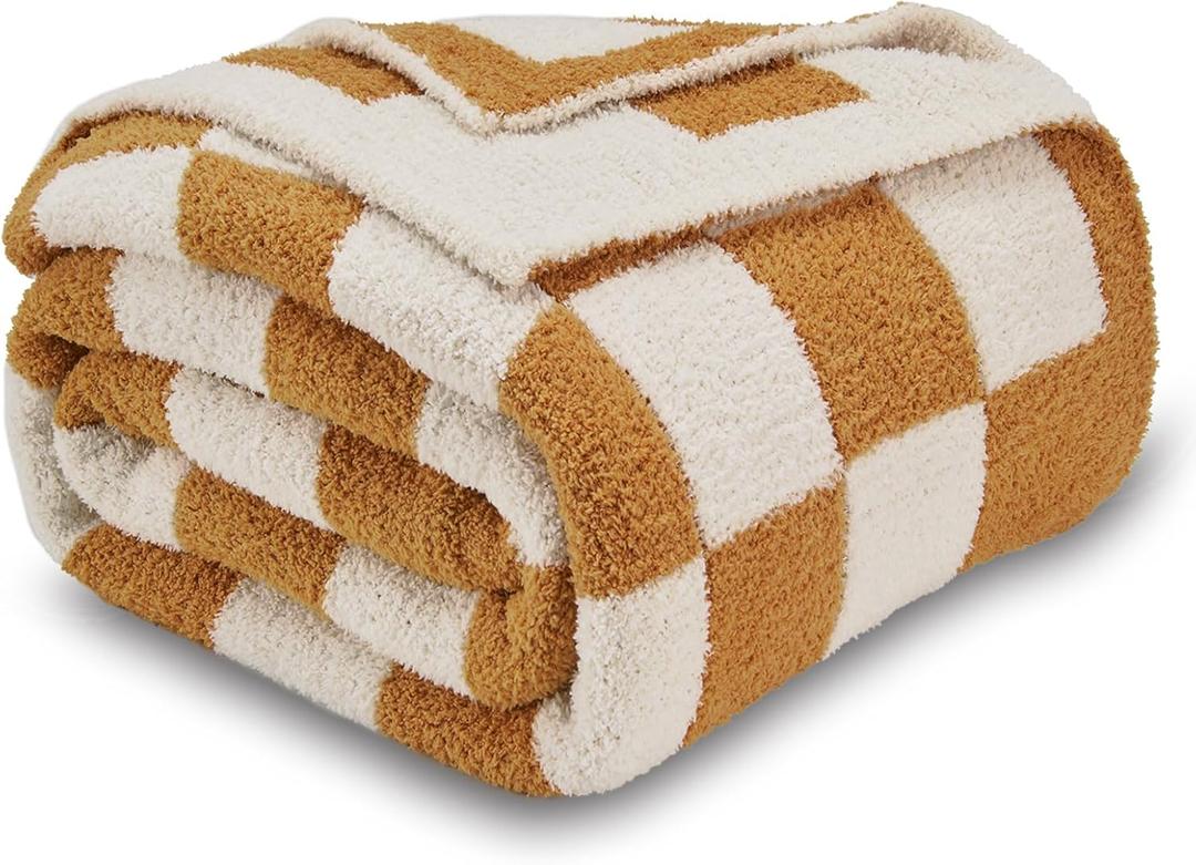 CozeCube Super Soft Fullfy Microfiber Reversible Knitted Blankets, Warm Cozy Fuzzy Plush Throw, Orange and White Checkered Throw Blanket for Couch Bed Sofa, 50" x 60"