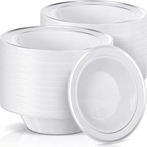 Jinei 150 Pieces 6 oz Plastic Bowls with Rim Small Disposable Soup Bowls for Dessert Salad Soup Candy Wedding Thanksgiving Catering Holidays Party Supplies (White,Silver Rim)
