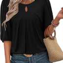 Magritta Womens Puff Half Sleeve Summer Tunic Tops Casual Chest Pleated Shirts Work Blouse for Women Dressy (Black, XL)
