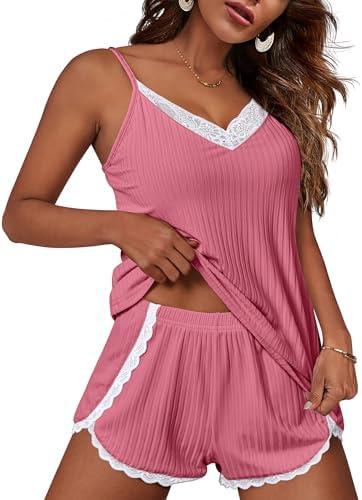 Ekouaer Womens Pajama Sets Soft Lingerie Sleepwear 2 Piece Cami Shorts Set V Neck Pj Lace Nightwear, Small