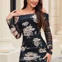 ABMOIU Women's Sexy Off Shoulder Long Sleeve Mini Dress Party Club Ruched Print Bodycon Dresses Large Black (Black, L)
