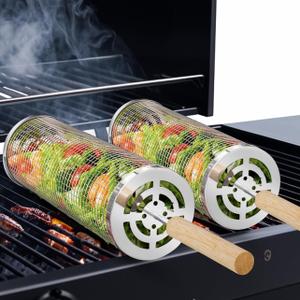 Cestas de parrilla anidables (2 unidades), acero inoxidable 304 con mango de madera extrable, red de parrilla rodante, accesorios para barbacoa, herramientas para verduras y camarones, campamento al