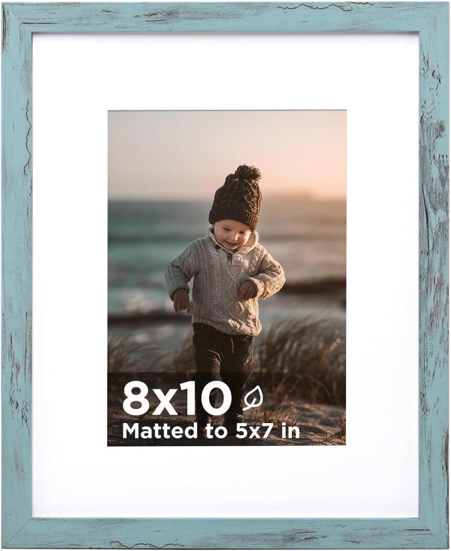 KINLINK 8x10 Picture Frame Turmaline Blue Set of 1, Wooden Photo Frame Matted 5x7 with Plexiglass for 5x7 with Mat or 8x10 without Mat for Table and Wall Display