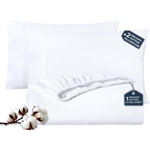 ROYALE LINENS Fitted Sheet with Pillowcases - Full Fitted Sheets with 2 Pillowcases - 300 Thread Count 100% Organic Cotton - Fits Mattress Up to 18" Deep - Soft & Breathable - White (No Flat Sheet)