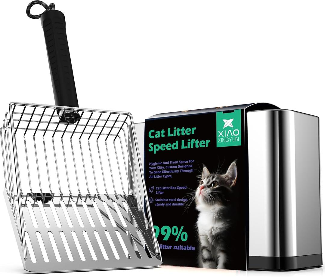 XIAOXINGYUN Stainless Steel Cat Litter Scoop, Metal Cat Litter Scooper with Holder, Heavy-Duty Cat Scooper with Coarse and Fine Grids for Quick Screening and Easy Cleaning
