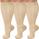 3 Pack Plus Size Compression Socks for Women & Men, Extra Wide Calf Knee High Stockings for Circulation Support (Beige, XXXL)