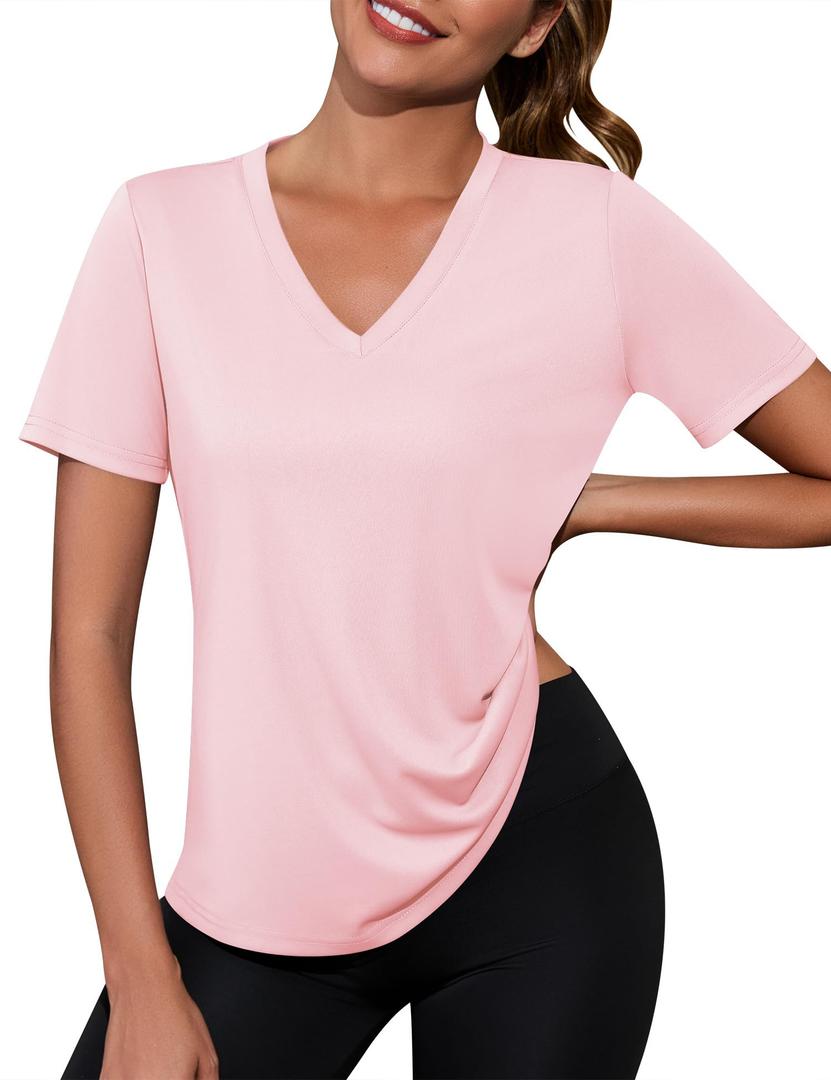Kistore Short Sleeve Shirts for Women Moisture Wicking V Neck Athletic Tops Lightweight Tshirt Running XL Light Pink (XL)