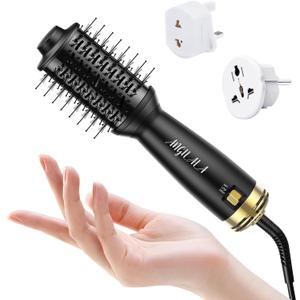 Dual Voltage(100~250V) Mini Hair Dryer Brush with European Plug Adapter for International Travel, Europe Travel Essentials for Women (Black)