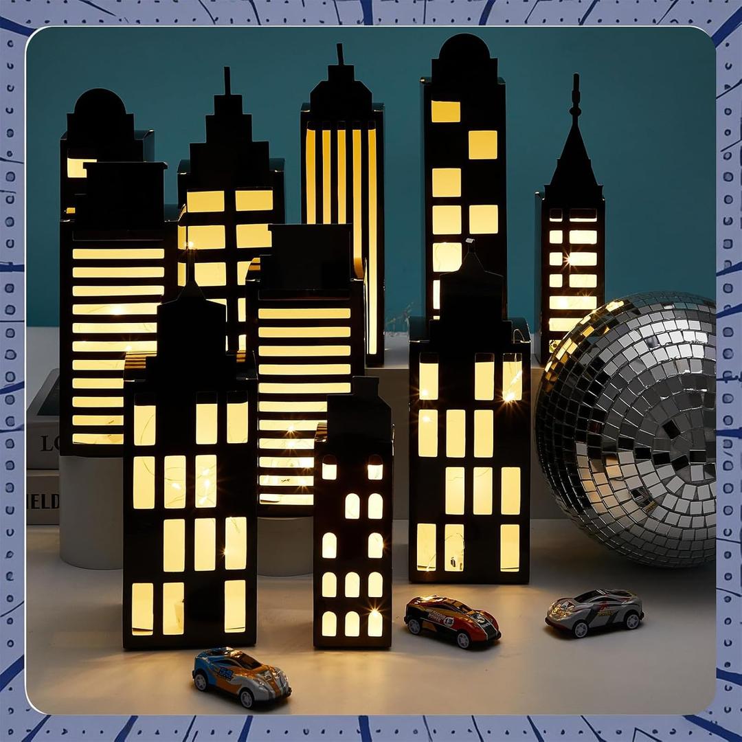 24Pcs Hero Party Favor Boxes Skyscraper City 3D Box with Lights Skyline Buildings Treat Boxes Super Themed Hero Party Centerpiece Decorations for Boys Girls Birthday Heroes Party Supplies (Warm)