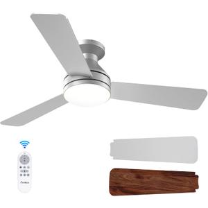 Amico Ceiling Fans with Lights, 42 inch Low Profile Ceiling Fan with Light and Remote Control, Flush Mount, Reversible, 3CCT, Dimmable, Noiseless, Silver Ceiling Fan for Bedroom, Indoor/Outdoor Use