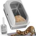 Stainless Steel Litter Box with Lid, Metal Litter Box with Cat Litter Mat,Extra Large Enclosed Cat Litter Boxes for Multiple Cats, Anti-Leakage,Non-Stick, Easy to Clean, Included Mat, Scoop (1 Pack-L)