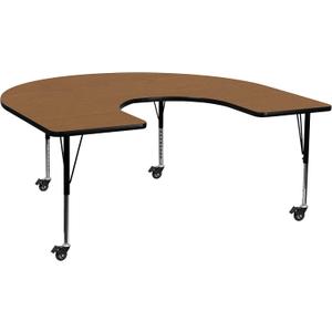 Flash Furniture Mobile Horseshoe Thermal Laminate Activity Table with Height Adjustable Short Legs, 60"W x 66"L, Oak