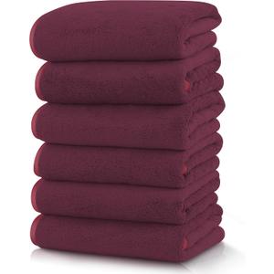 TENSTARS Silk Hemming Hand Towels for Bathroom - Quick Drying - Ultra Soft Microfiber Absorbent Towel for Bath Fitness, Gym, Shower, Hotel, and Spa - 16x28 Inch | Set of 6, Burgundy