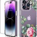 GiiKa for iPhone 14 Pro Case with Screen Protector, 6.1" Clear Full Body Shockproof Protective Floral Girls Women Hard Case with TPU Bumper Cover Phone Case for iPhone 14 Pro, Camellia
