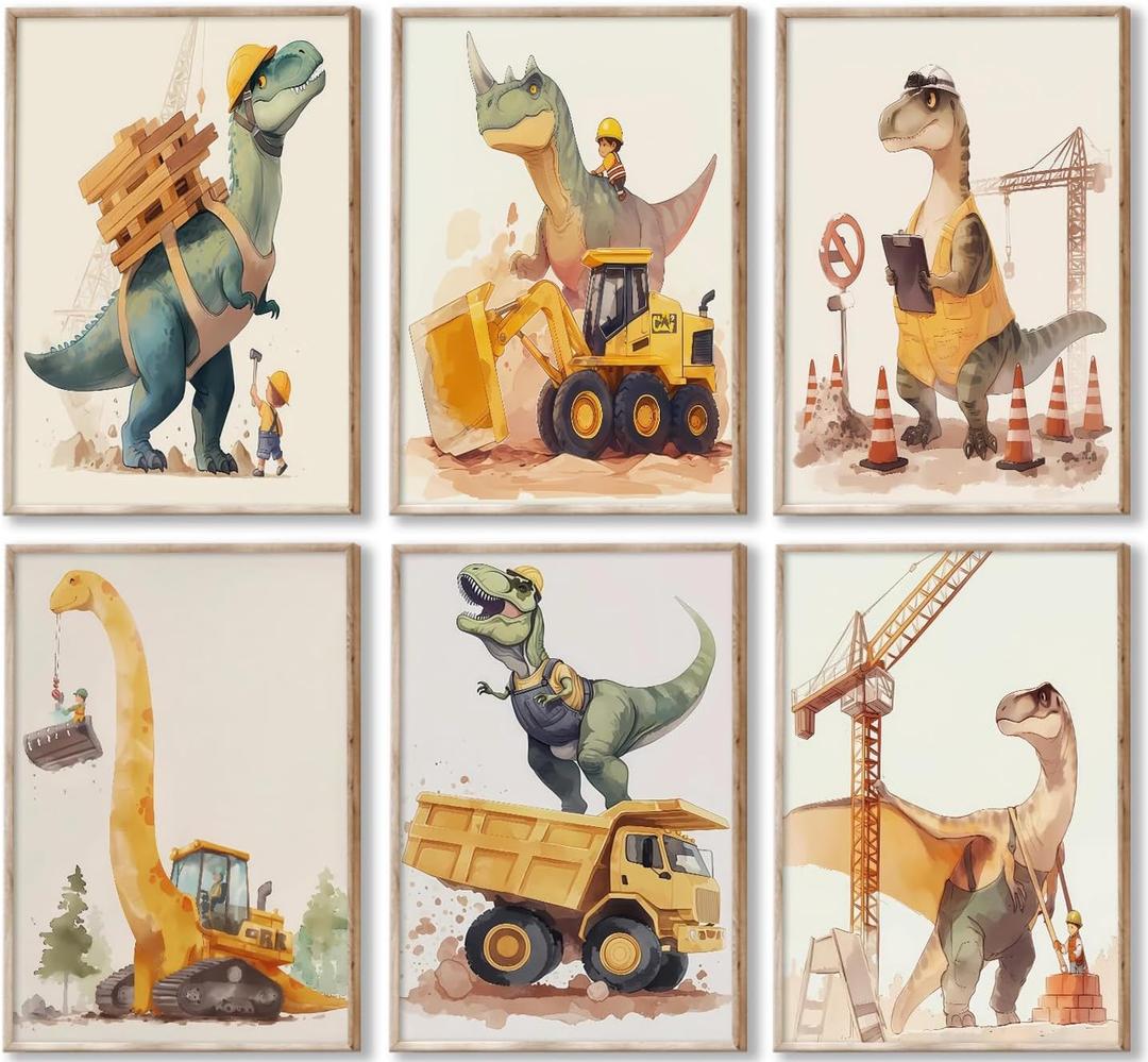 Cute Dinosaur Nursery Canvas Wall Art Construction Trucks and T-Rex Painting Picture Kids Boys Room Wall Decor Funny Dino Vehicles Poster Prints Artwork for Playroom Toddler Room Bedroom, Unframed (10L"x8W")