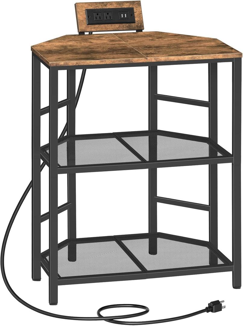 MAHANCRIS Corner Printer Stand with Charging Station, 3-Tier Large Printer Table with Adjustable Feet, Metal Frame Storage Shelf for Office, Living Room, Small Space, Rustic Brown PTHR14E01