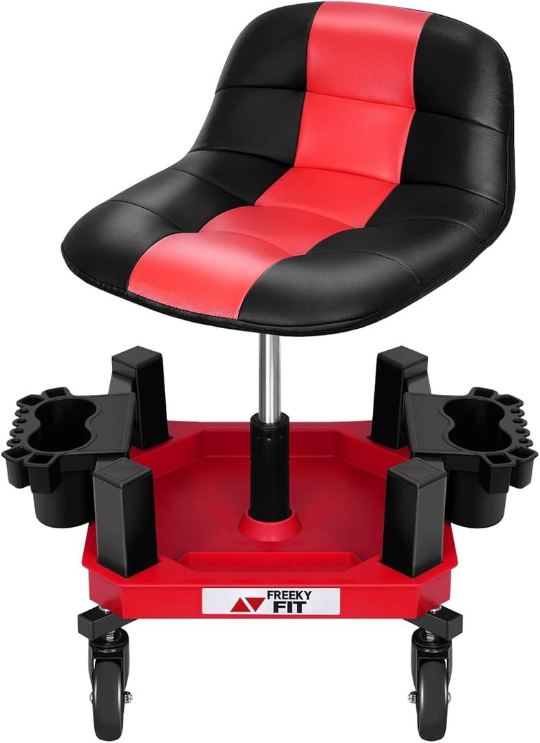 Rolling Shop Stool with Wheels, Adjustable Garage Mechanic Stool Seat Shop Roller Work Chair Mobile Rolling Seat with Tool Tray, 2 Cup Holders, 4" Casters, 350 LBS, Heavy-Duty, Red