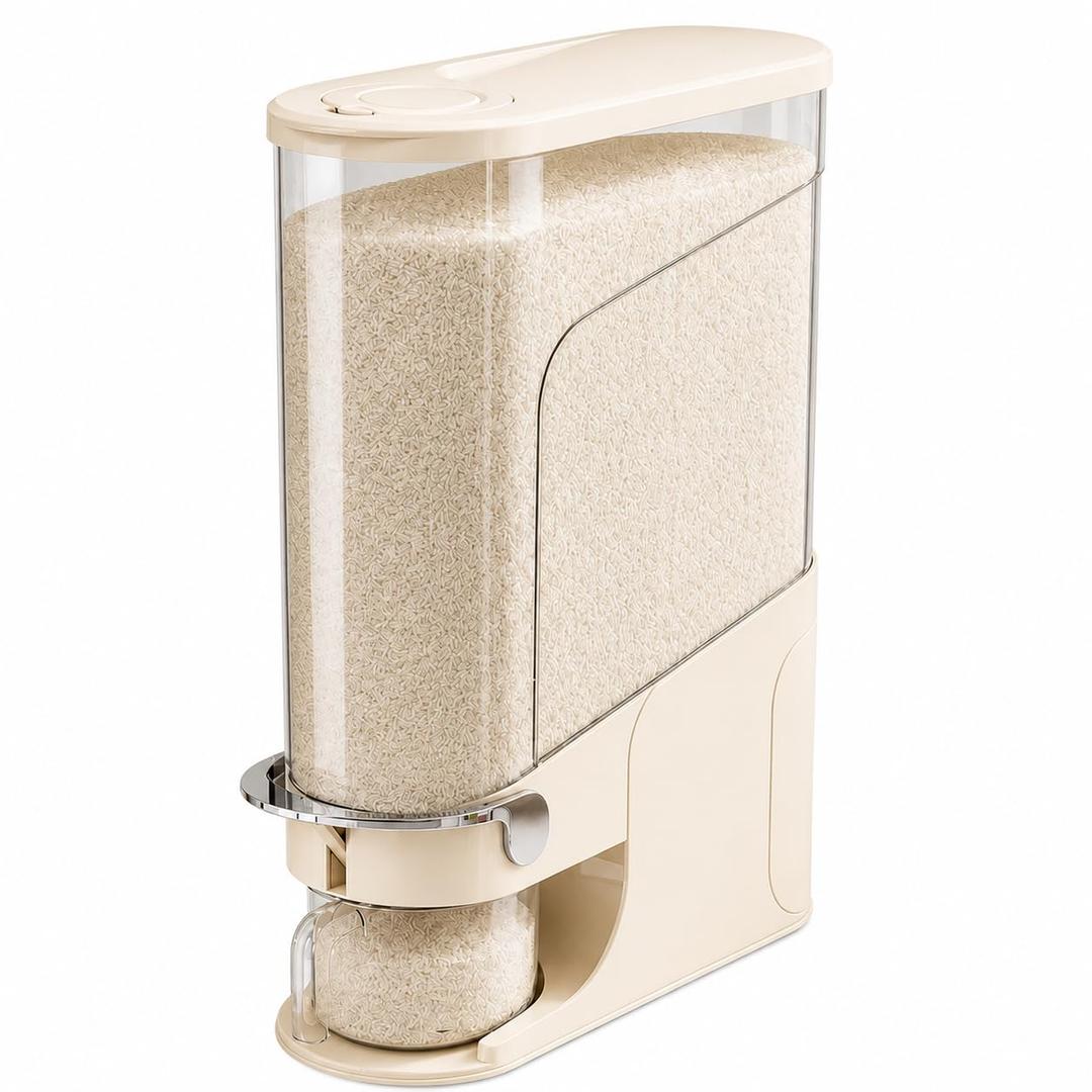 CoveCarol Rice Dispenser 22 Lb, Slim Rice Storage Container with Double Sealing Strip, Press to Dispense Cereal Container Airtight for Kitchen Pantry Organization, (Creamy Yellow-22lb)