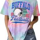 IZYJOY Football Shirt for Women Tie Dye Football Team Fans T-Shirt Vintage Game Day Tee Sports Short Sleeve Top (Small, Pink Yellow-100)