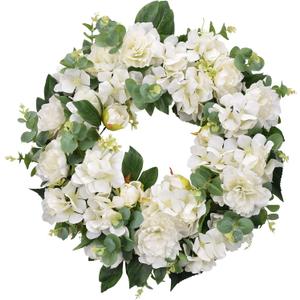 I-GURU Hydrangeas Spring Wreath for Front Door 22-24 Inch, Greenery Summer Door Wreaths with White Peony Flowers, Eucalyptus for Home Farmhouse Outdoor Indoor Holiday Wedding Party Wall Windows Decor