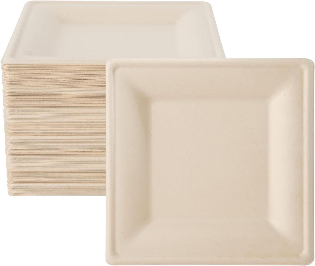 ECOLipak 100 Pack Compostable Square Plates, 10 inch Disposable Paper Plates Made of Sugacane, Eco-friendly Heavy Duty Biodegradable