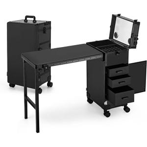 Rolling Manicure Table Foldable Nail Desk 4 Drawers, Makeup Organizer Blueteeth Speaker on Wheels, Travel Makeup Case with LED Mirror TSA Lock for Technician Workstation Salon