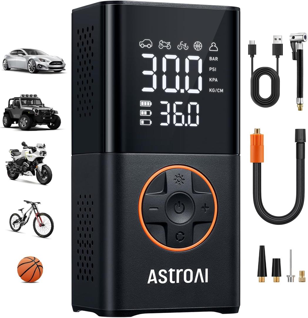 AstroAI L7 Tire Inflator Portable Air Compressor Cordless Mini Bike Pump with Digital Dual Values Display, 150 PSI Car Tires Air Pump with LED Lights&Pressure Gauge for Auto, Motorcycles, Bikes, Balls (Orange)