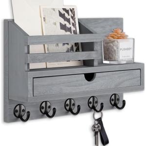 Key Holder Wall Mount, Mail Holder with Storage Drawer and 5 Key Hooks for Coat, Dog Leash, Home Decor Rack, House Accessories, Entry Way Organizer (Gray) (Standard - 11.8 Inch)