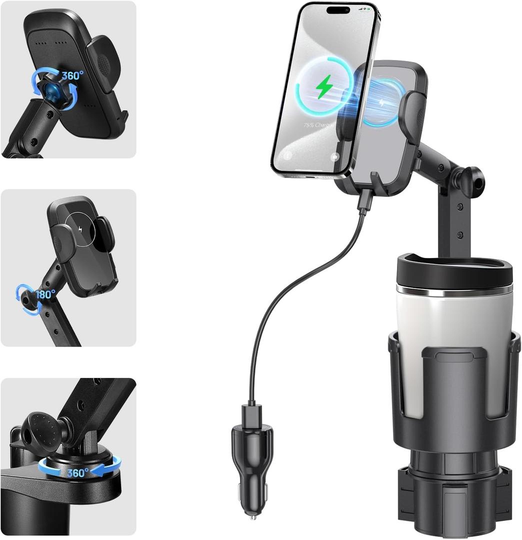 This Hill 3-in-1 Wireless Car Charger Cup Holder, 15W Fast Charging Mount with Adjustable Base & 360 Rotation, Universal Phone Holder Compatible with iPhone & Android (Car Adapter Included)