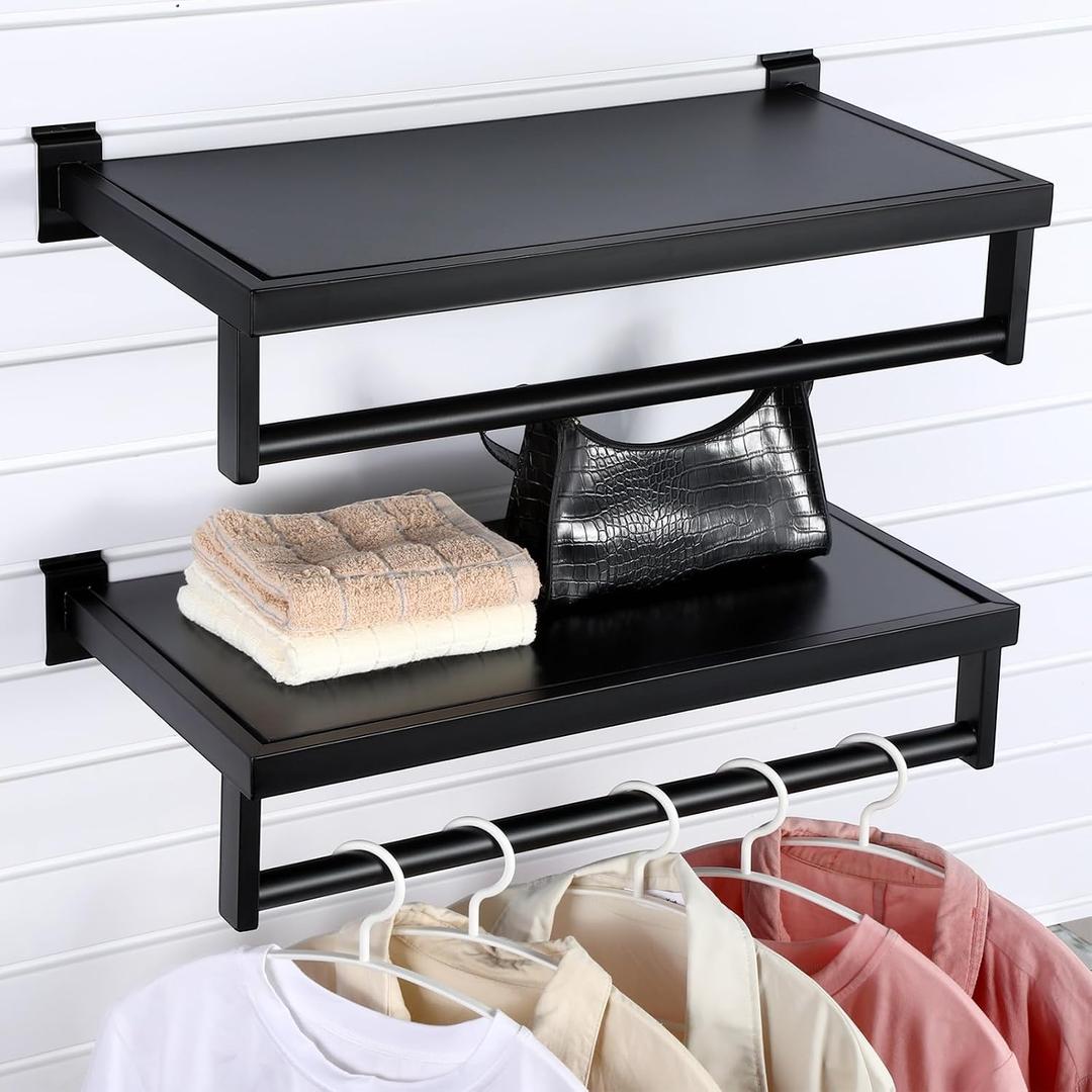 RattanView 2 Pcs Black Slatwall Shelf Clothes Rack with Top Shelf with Metal Rectangular Tubing U Shaped Handrail Hanger Slatwall Shelving Organizer Accessories for Home Room Garage Retail Display, Hanging rack: 23.6 x 11.8 inch