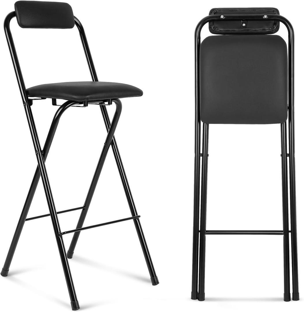 Thyle 1 Pcs Folding Bar Stool with Backrest, Tall Foldable Stool Chair Portable High Folding Bar Chair Counter Height Seat Leather Padded for Kitchen Island Shop Cafe Dining Room Black (27.5 Inch)
