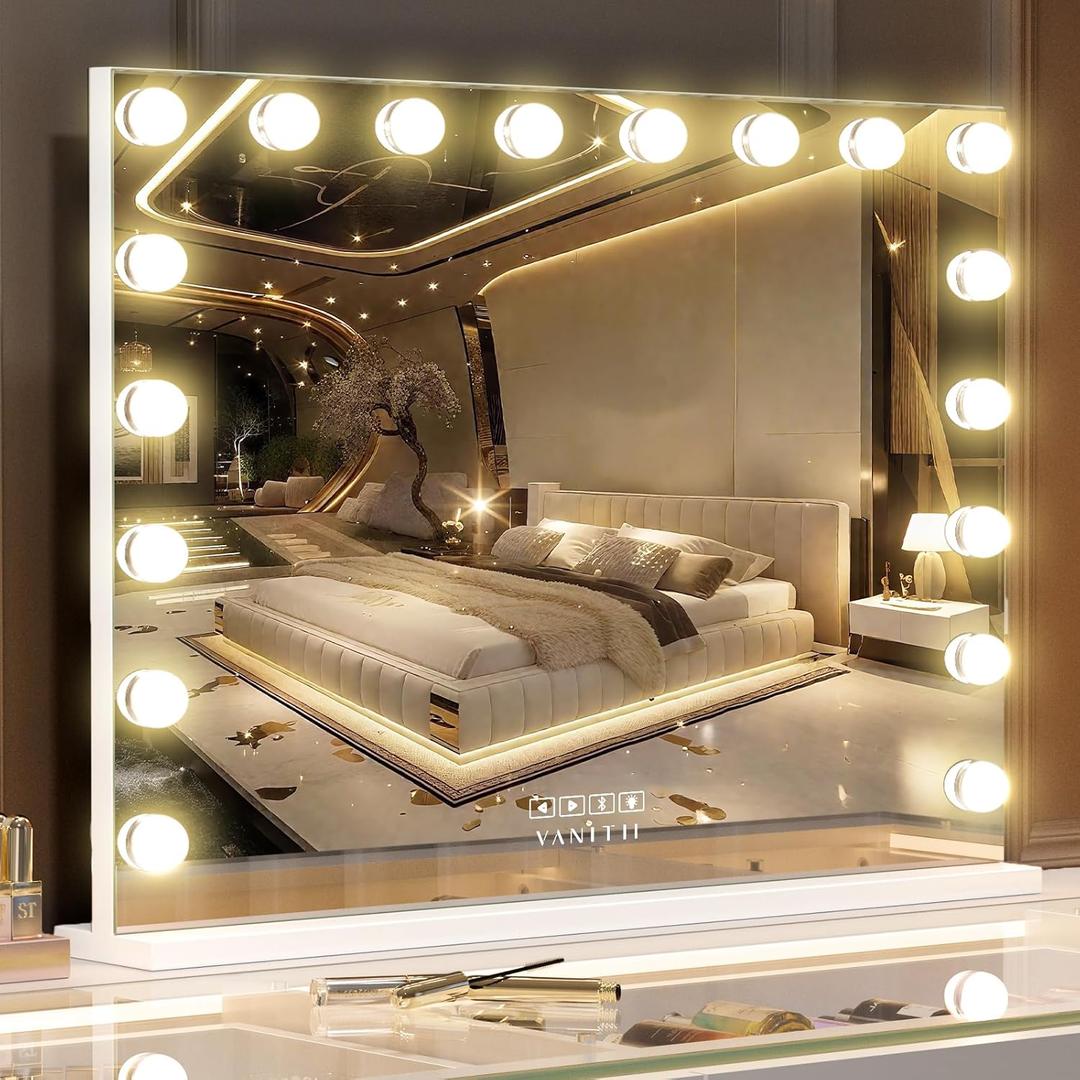 VANITII Vanity Mirror with Lights 22.8" x 31.5" 18 Bulbs 3 Color Modes Large Lighted Hollywood Makeup Mirror with USB Charging Port and 10X Magnification for Bedroom Desktop