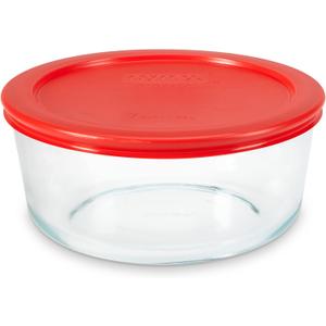 Pyrex Simply Store Glass Food Storage Container, Snug Fit Non-Toxic Plastic BPA-Free Lids, Freezer Dishwasher Microwave Safe, 7 Cup, Red 