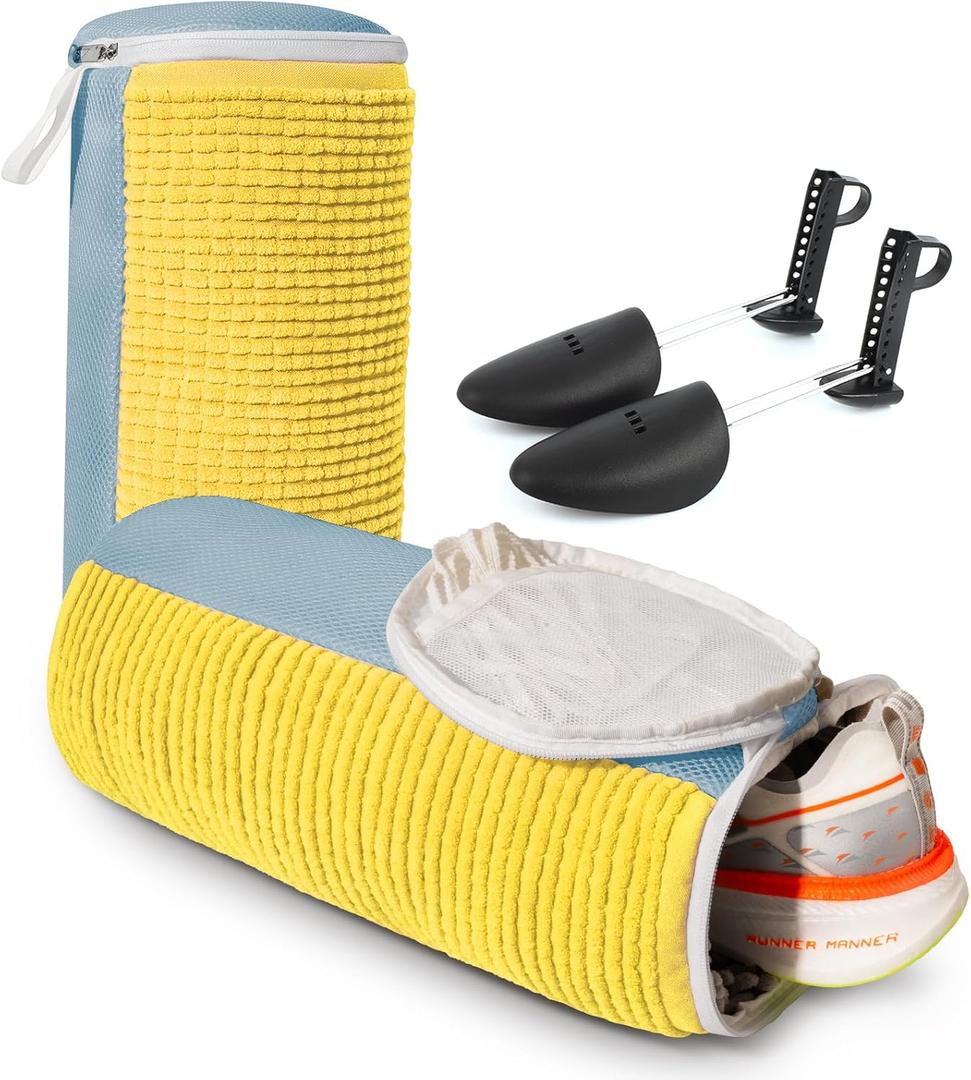Shoe Washing Machine Bag, 360 Wrap-around Cleaning Laundry Bags with 2 Adjustable Shoe Trees, Reusable Wash Bag Lockable Zipper with Fluffy Fibers for Sneaker Gym (Yellow)