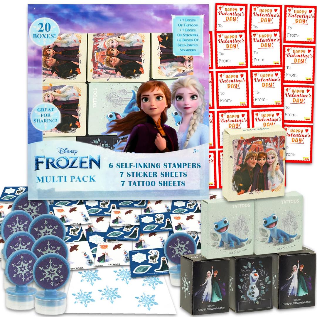 Disney Frozen Valentine's Day Classroom Gift Exchange Set - Bundle with 20 Treat Boxes with Stickers, Tattoos, Stampers for Valentines Classroom Party | Frozen Goodie Bags