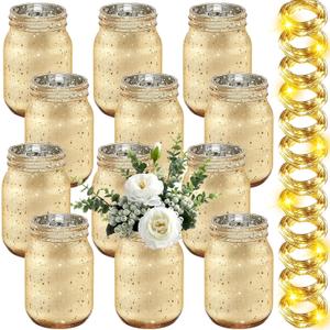 Tioncy 12 Pcs Painted Mason Jars for Table Glass Decorative Jars with 12 Light Strings for DIY, Wedding, Graduation, Bridal Shower, Housewarming, Home Decoration (Gold)