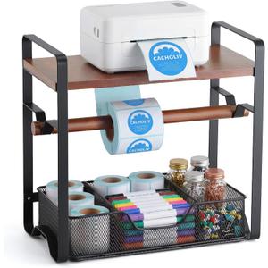 Label Holder for Thermal Printer - Sticker Roll Dispenser - Shipping Lable Holder for Rolls and FanFold Labels - Thermal Printer Stand for Home, Office, Small Business (Walnut-Black)