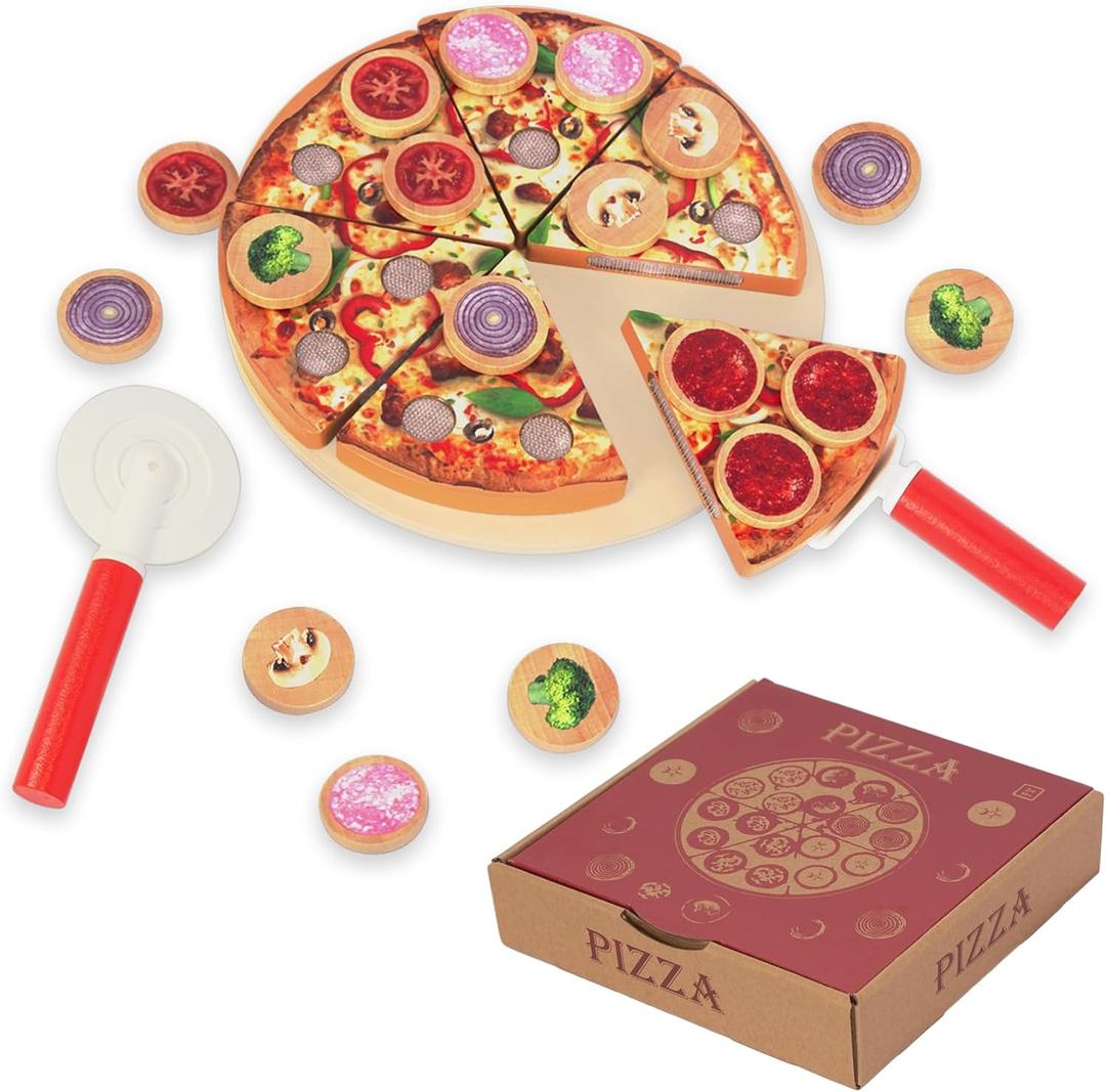 Cutting Play Food Toy for Kids Kitchen,Wooden Pizza Set Pretend Play Kitchen Accessories,Learning Toy Birthday Gifts for Boys Girls Toddlers (6 pcs Set), child-size
