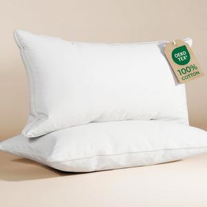 100% Cotton Bed Pillows - King Size Set of 2 - Breathable Cotton Cover - Soft, Comfy Down Alternative for Back & Stomach Sleepers - Low Density, Low Loft Support & Machine Washable - 20" x 40" (White)
