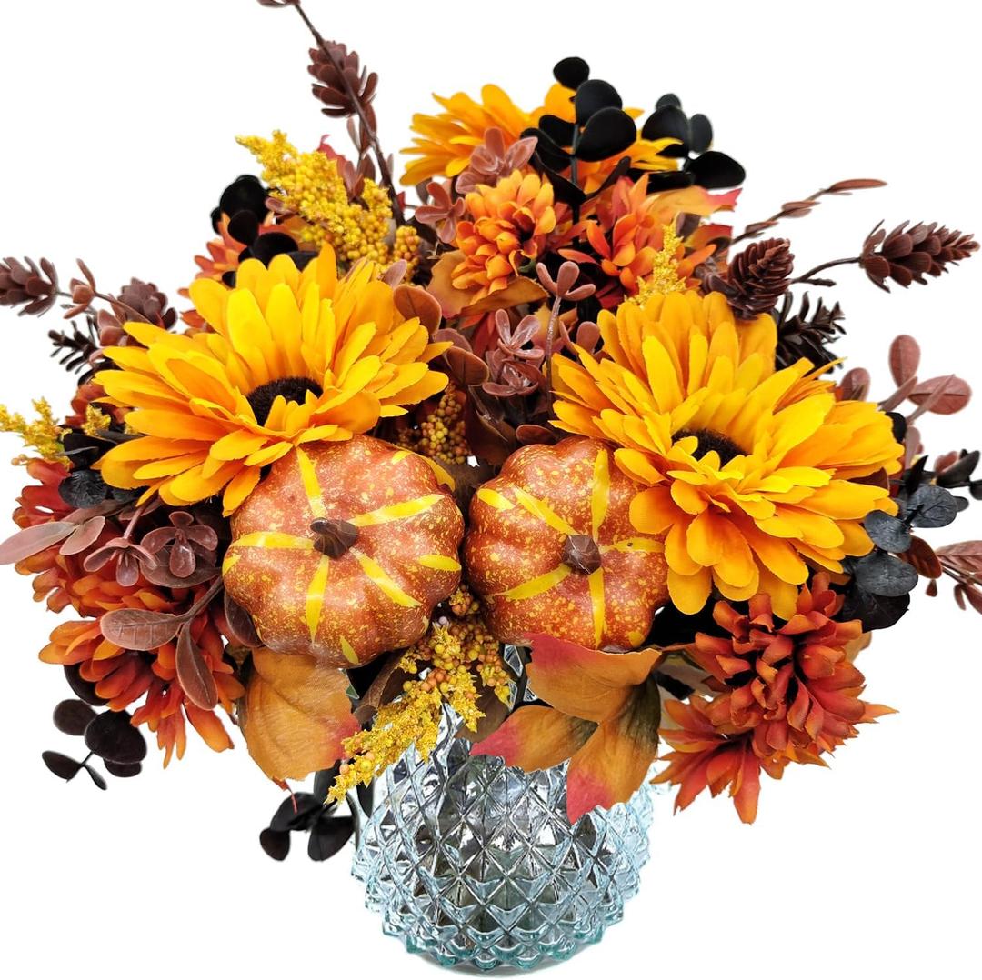 Artificial Fall Flowers Bouquet, 2 Packs Fall Fake Mums Pumpkin Flower Arrangements Decor for Home Wedding Bouquets Kitchen Table Vase Centerpieces Halloween Party Autumn Decoration