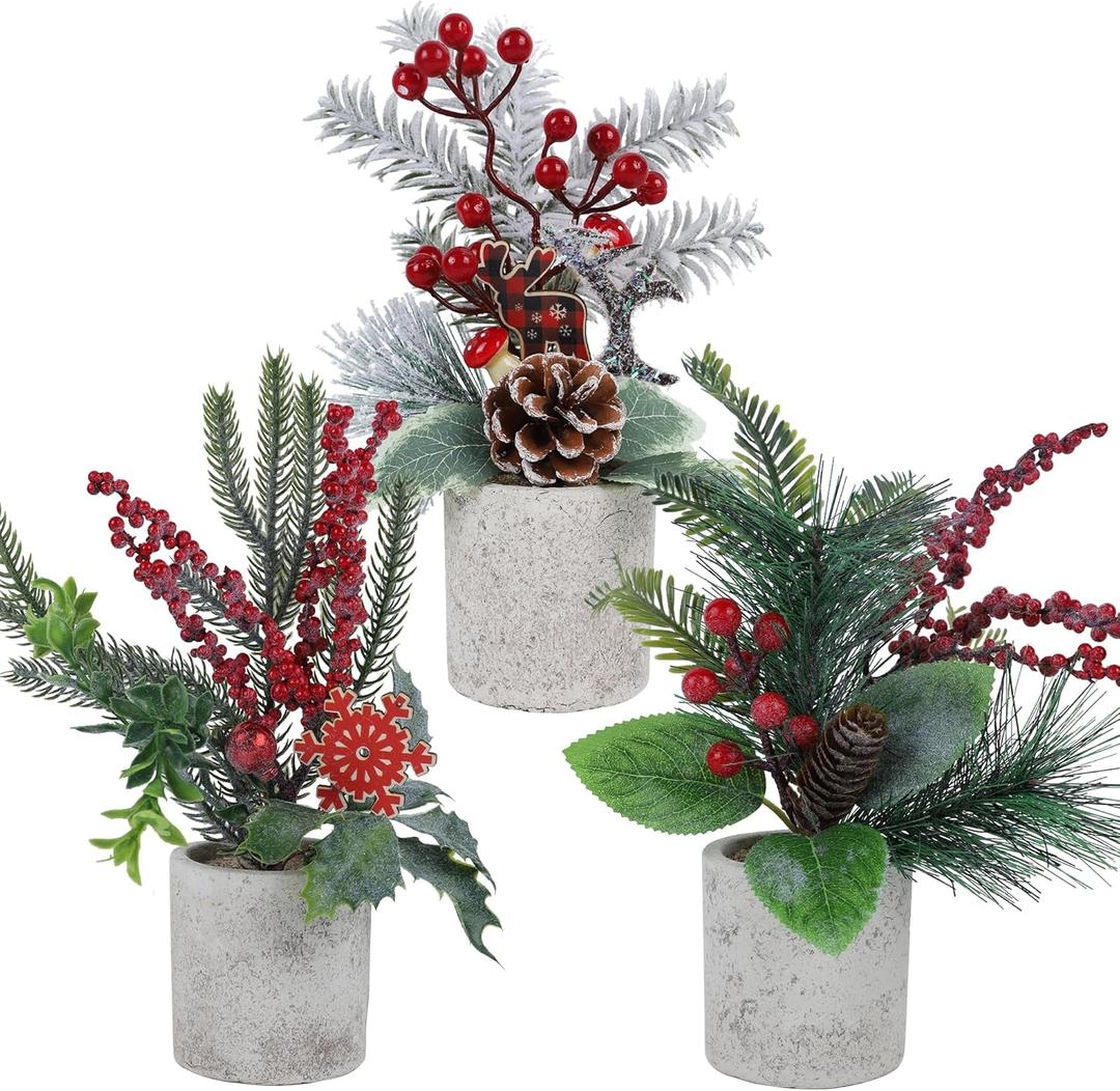 winemana 3 Pack Mini Christmas Trees for Table Centerpieces, 11 Inch Small Artificial Xmas Tree with Red Berries & Pine Cones for Home, Office Desk, Tabletop, Indoor Holiday Decorations