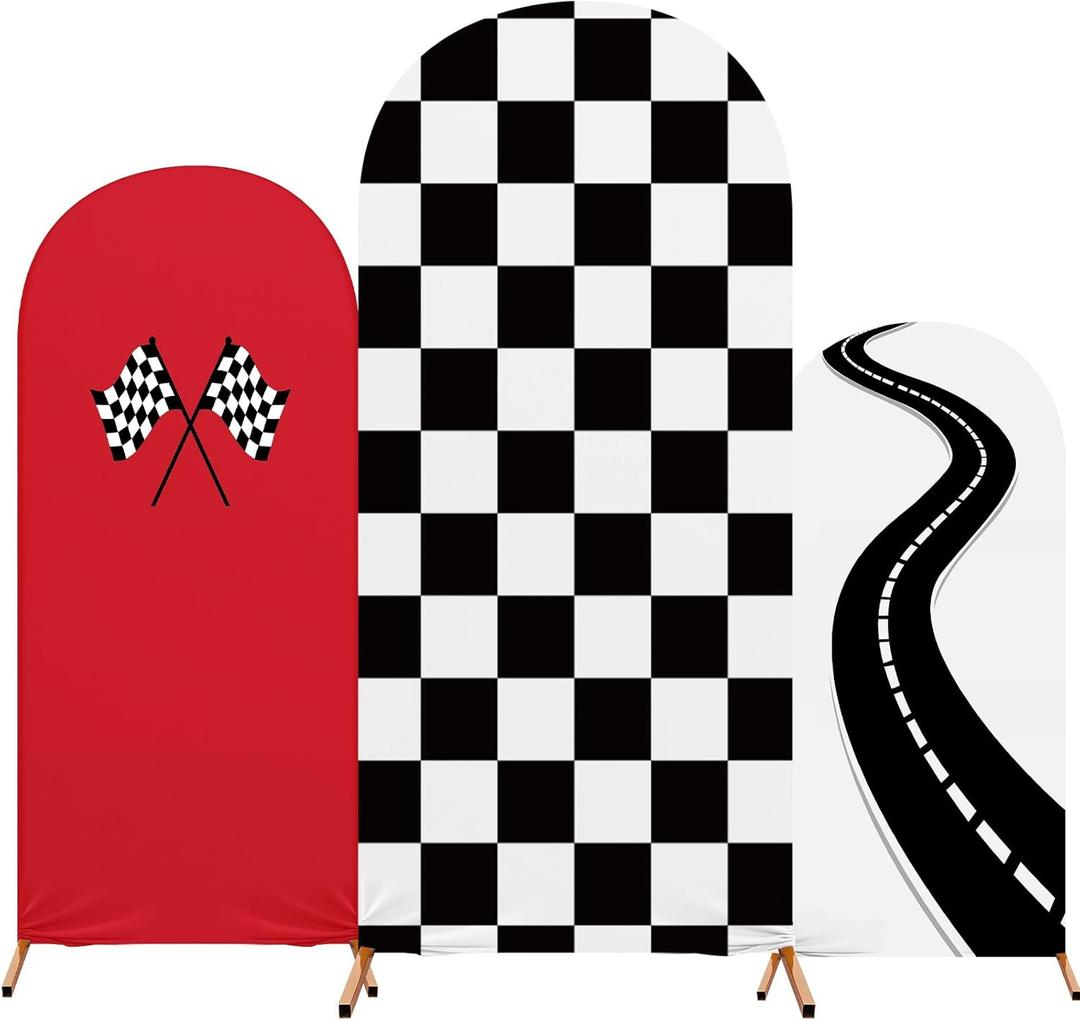 3 Pack Racing Car Theme Fast Party Arch Backdrop Covers Set of 4ft, 5ft, 6ft Black White Racing Theme Checkered Spandex Arch Cover for Birthday Wedding Baby Shower Party Decor (Red)