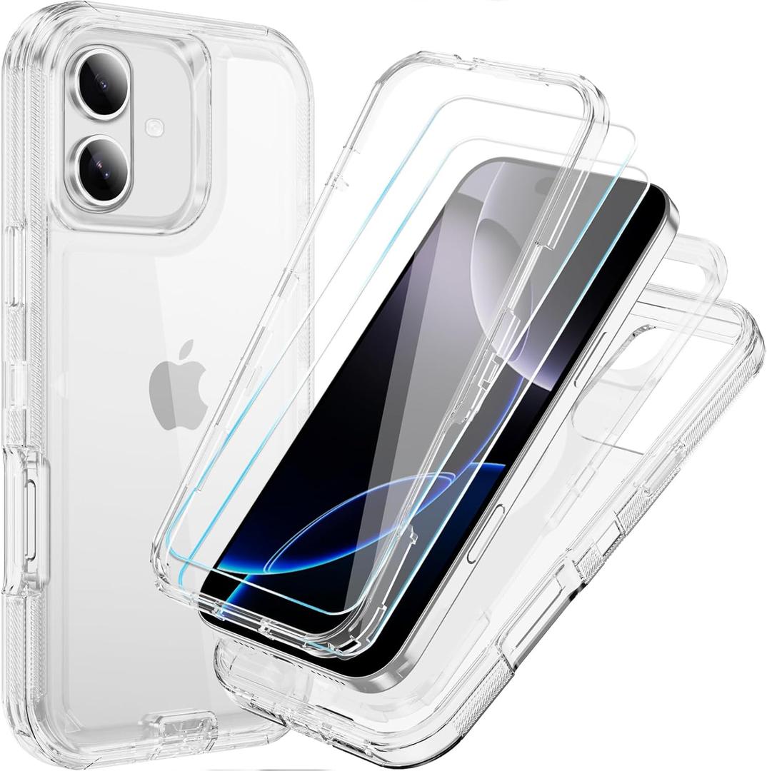 Compatible with iPhone 16 Plus Case with HD Screen Protector, Heavy Duty Shockproof [3 in 1] Clear Phone Cases for iPhone 16 Plus 6.7" (Clear)