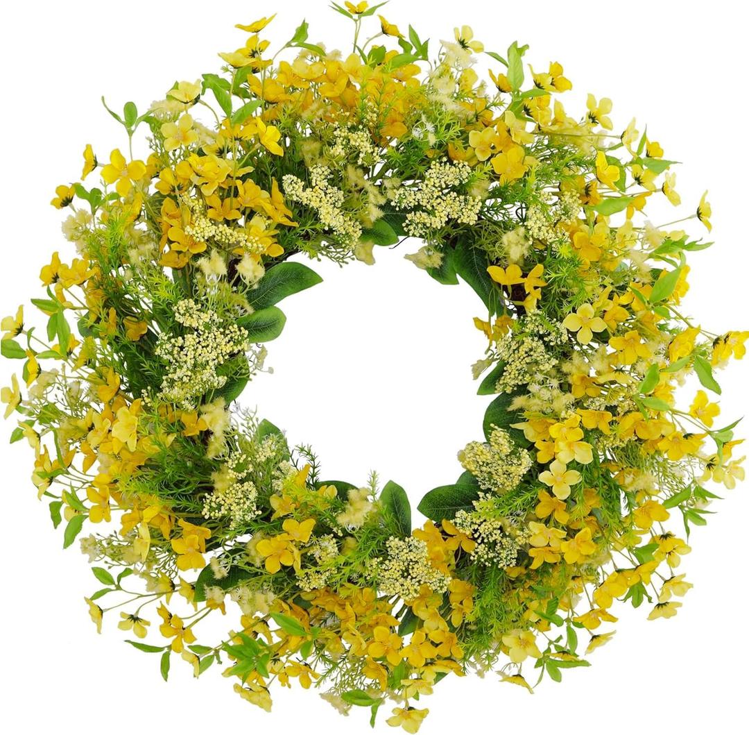 24-26 Yellow Faux Silk Wild Flower Spring Summer Easter Wreath for Front Door  Artificial Green Eucalyptus Leaves Farmhouse Front Porch Wall Wreath  All Season Outdoor and Indoor Use (Yellow Flower-24)