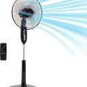 Amazon Basics 16" Pedestal Fan with Remote for Bedroom, Living Room, Office, Adjustable Height, Dual-Layered Blades, 3 Speeds, 3 Modes, Timer, Tilt Head, 60W, Black