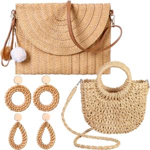 JaGely 2 Pack Women Straw Crossbody Bag Straw Clutch Rattan Purse for Women with 2 Pairs Rattan Earrings for Summer Beach Holiday Accessories JaGely 2 Pack Women Straw Crossbody Bag Straw Clutch Rattan Purse for Women with 2 Pairs Rattan Earrings for Summer Beach Holiday Accessories