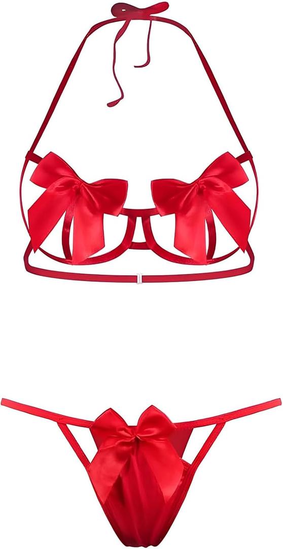 Sexy Womens Exotic Lingerie Sets, Bow Tie Hot Cute Teddy 2 Piece Lingerie Set Holiday Lingerie (Large, Red)