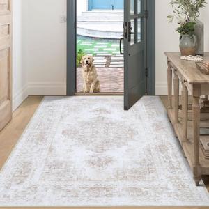 Bedroom Rug 3x5 Vintage Rugs, Machine Washable Small Area Rug Retro Medallion Distressed Rugs Non-Slip Soft Low Pile Throw Rug for Entryway Bedroom Bathroom Hallway Kitchen(Beige,3'x5')