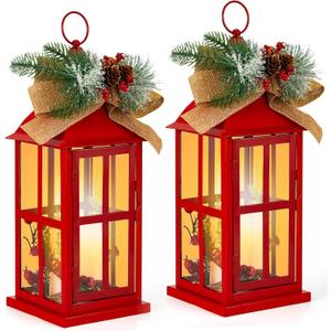 Baquler 2 Pcs Decorative Lantern Hanging with LED Candle Metal Vintage Christmas Candle Holder Xmas Ornament for Indoor Outdoor Porch Decor Holiday Party Tables Centerpieces (Red)